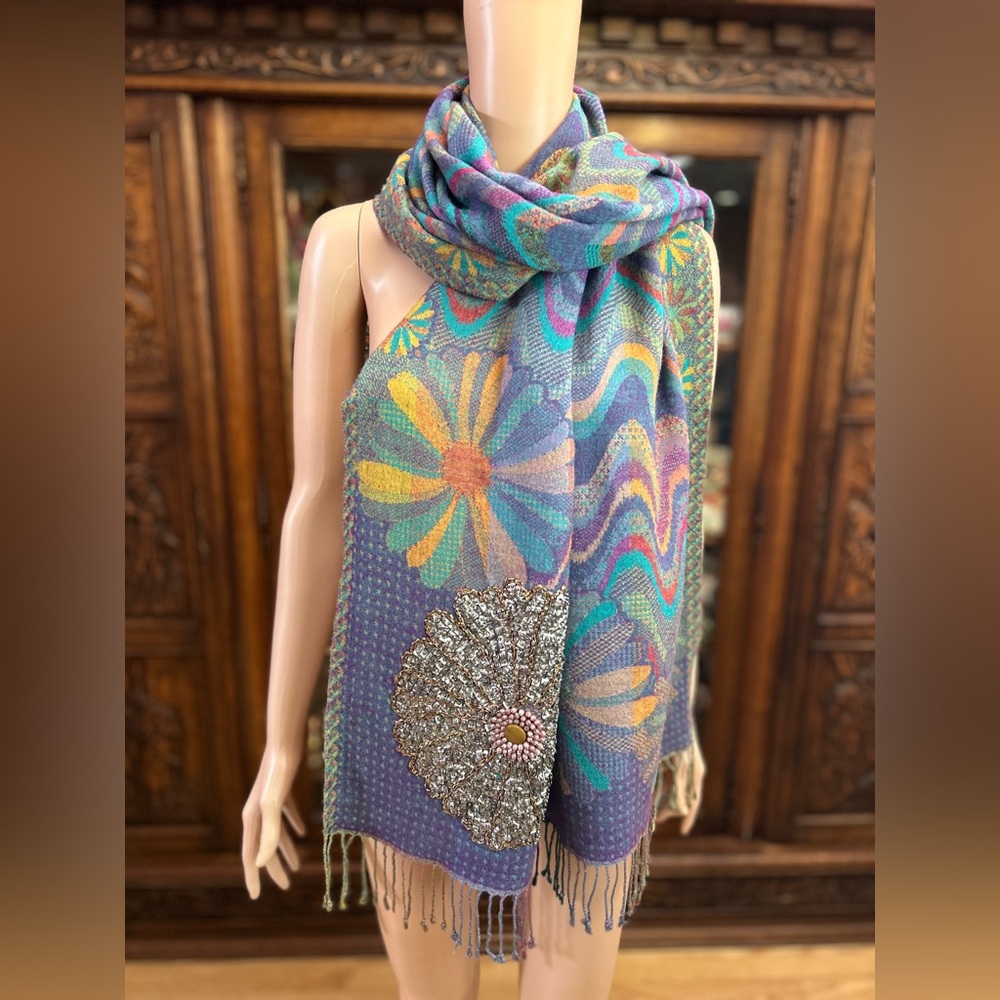 Colorful Wool/Viscose Scarf with beaded Embellishments